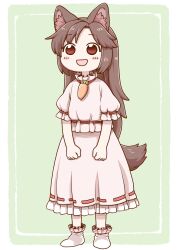  1girl :d aged_down animal_ears blush brown_hair carrot carrot_necklace commentary_request cosplay full_body green_background highres imaizumi_kagerou inaba_tewi inaba_tewi_(cosplay) jewelry long_hair long_skirt looking_at_viewer necklace no_nose open_mouth pink_shirt pink_skirt poronegi puffy_short_sleeves puffy_sleeves red_eyes shirt shoes short_sleeves simple_background skirt smile solo standing tail touhou white_shoes wolf_ears wolf_tail 