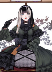  1girl absurdres black_choker black_hair blue_eyes choker commentary_request dress frilled_dress frilled_sleeves frills green_dress grey_streaks hand_fan hand_on_own_leg highres holding holding_fan hololive hololive_dev_is juufuutei_raden juufuutei_raden_(1st_costume) lace-trimmed_choker lace_trim long_hair looking_at_viewer multicolored_hair open_mouth paipukoron417 paper_fan sidelocks smile solo streaked_hair virtual_youtuber 