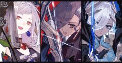  1girl 2boys ascalaphus_(fate) ascalaphus_acheron_(fate) black_dress black_hair blue_eyes blue_gem braid braided_bangs brown_eyes cross_tie dark-skinned_male dark_skin dress dress_ribbon earrings fate/grand_order fate_(series) gem gold_collar hair_over_one_eye highres jewelry long_hair mero_(merope_hika) multiple_boys mystical_high_collar open_mouth persephone_(fate) red_gem smile temporal_hairline veil white_hair 