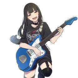  1girl ayataka_syumimi black_choker black_hair black_shirt black_shorts choker commentary_request ear_piercing electric_guitar garter_straps girls_band_cry guitar guitar_strap highres instrument jewelry kawaragi_momoka long_hair open_mouth piercing playing_guitar playing_instrument real_life second-party_source shirt shorts simple_background solo white_background yuri_(voice_actor) 