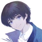  1boy black_hair blue_kimono closed_mouth collared_shirt dress_shirt head_tilt japanese_clothes kimono looking_at_viewer male_focus okurase portrait rurouni_kenshin seta_soujirou shirt short_hair simple_background smile solo violet_eyes white_background white_shirt 