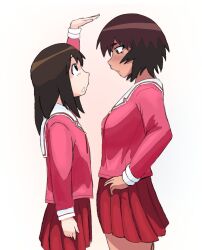  2girls arm_at_side arm_up azumanga_daioh azumanga_daioh's_school_uniform black_hair breasts brown_hair freckles from_side hand_on_own_hip height_difference highres kagura_(azumanga_daioh) kasuga_ayumu long_hair long_sleeves looking_at_another medium_breasts morochaslover multiple_girls pink_shirt pleated_skirt red_skirt sailor_collar school_uniform serafuku shirt short_hair simple_background size_comparison skirt small_breasts white_background white_sailor_collar winter_uniform 