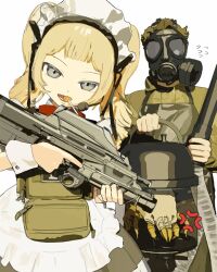  1boy 1girl anger_vein animal apron arthropod assault_rifle blonde_hair brown_hair bullpup candy flying_sweatdrops fn_f2000 food gas_mask green_hoodie grenade_launcher grey_eyes gun hair_ribbon headphones holding holding_gun holding_weapon hood hood_down hoodie in_container kok_kok_kio load-bearing_vest lollipop maid maid_apron maid_headdress mask open_mouth original ribbon rifle twintails underbarrel_grenade_launcher weapon white_background 