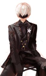  1boy 9s_(nier:automata) absurdres black_bow black_bowtie black_gloves black_jacket black_pants black_shirt black_vest black_visor blindfold bow bowtie buttons chair closed_mouth commentary corsage double-breasted english_commentary flower formal_clothes gloves hair_between_eyes highres jacket jolseon lapels male_focus nier:automata nier_(series) notched_lapels pants shirt short_hair simple_background sitting smile solo suit_jacket upper_body vest waistcoat white_background white_flower white_hair 