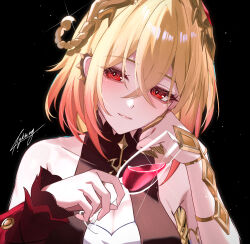  1girl absurdres alcohol beatriz_(honkai:_star_rail) black_background blonde_hair blush breasts closed_mouth commentary_request cup dress drinking_glass ear_ornament ear_piercing hair_ornament highres honkai:_star_rail honkai_(series) miya-chan_(lightning0730) partial_commentary piercing red_eyes scorpion short_hair smile solo wine wine_glass 