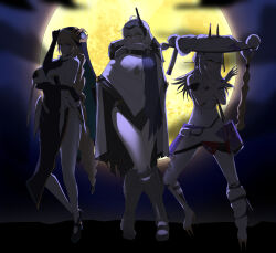  3girls absurdres armored_bodysuit armored_boots blonde_hair boots braid breasts cloak commentary_request dog_tags full_body full_moon goddess_of_victory:_nikke grey_hair hat head-mounted_display highres jingasa jojo_pose long_hair moon multiple_girls nun_headdress pioneer_(nikke) rapunzel_(nikke) scarlet_(nikke) snow_white_(nikke) standing thighs very_long_braid very_long_hair white_cloak white_hair xmld404 