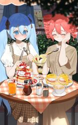  +_+ 2girls biscuit_(bread) black_ribbon blouse blue_eyes blue_hair blue_nails blush brown_dress brown_shirt checkered_tablecloth cherry closed_eyes closed_mouth coffee cup dating double-parted_bangs dress drill_hair drinking_glass eating egg_(food) foliage food fork fruit glass hair_between_eyes ham hand_on_own_cheek hand_on_own_face hatsune_miku highres holding holding_fork holding_knife holding_spoon hollandaise_sauce ice_cream jam jewelry juice julie_(rolleybun) kasane_teto knife latte_art maple_syrup multiple_girls necklace orange_juice pancake pancake_stack parfait parfait_glass pepper_shaker plaid_clothes plaid_dress plate red_nails reflection ribbon salt salt_shaker shirt short_sleeves sitting smile spaghetti_strap spoon strawberry synthesizer_v syrup table teacup twin_drills twintails twitter_username utau vocaloid whipped_cream white_shirt yuri 