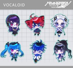3boys 3girls :d ;d ahoge amemiya_darumi aotsuki_eito black_hair black_streaks blue_eyes blue_hair blue_outline blue_scarf blunt_bangs cevio chibi chibi_only commentary cosplay crossdressing crossdressing_(ftm) crossdressing_(mtf) drill_hair eyepatch full_body glasses grey_background grey_eyes grey_hair grid_background hairband hatsune_miku hatsune_miku_(cosplay) headphones kafu_(cevio) kafu_(cevio)_(cosplay) kaito kaito_(vocaloid) kaito_(vocaloid)_(cosplay) kamui_gakupo kamui_gakupo_(cosplay) kasane_teto kasane_teto_(cosplay) kasane_teto_(utau) long_hair looking_at_viewer magadori_kyoshika medical_eyepatch megurine_luka megurine_luka_(cosplay) multicolored_hair multiple_boys multiple_girls omokage_yugamu one_eye_closed open_mouth outline pink_eyes ponytail purple_hair rectangular_eyewear red_hair roots_(hair) scarf shizuhara_hiruko short_hair simple_background smile streaked_hair sumino_takumi sweat the_hundred_line_-last_defense_academy- tsukika_0319 twin_drills twintails untranslatable_commentary utau vocaloid white_hairband