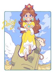  1girl 3others absurdres arimajirou_(rimajiro_black) bandaid bandaid_on_head batadon blue_hair blue_sky brown_hair character_name clouds commentary_request crown dress earrings flower_earrings frilled_dress frills full_body gloves head_bump high_heels highres hill jewelry looking_at_viewer moai monkey monkey_tail multiple_others orange_shoes princess_daisy puffy_short_sleeves puffy_sleeves red_crown running sand shoes short_sleeves signature sitting sky super_mario_bros. super_mario_land super_mario_world_2:_yoshi's_island tail teeth tokotoko_(mario) two-tone_dress ukiki v white_dress white_gloves white_wings wings yellow_dress 