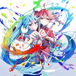  2girls ahoge blue_eyes blue_hair blue_jumpsuit bow colorful commentary_request double-parted_bangs drawing_on_fourth_wall drill_hair hair_between_eyes hair_ornament hatsune_miku highres holding holding_paint_palette holding_paintbrush holding_together jumpsuit kasane_teto light_blush light_smile looking_at_viewer multiple_girls oda_kogane paint paint_on_body paint_palette paint_splatter paintbrush painting_(action) red_eyes red_hair red_jumpsuit ribbon simple_background sleeves_rolled_up smile_(vocaloid) synthesizer_v twin_drills twintails utau vocaloid white_background white_bow white_ribbon x_hair_ornament 