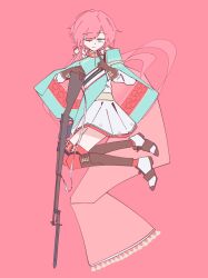  1girl aqua_cape bayonet bolt_action cape dress full_body gun gun_sling highres long_hair looking_at_viewer maplenecktele mosin-nagant one_eye_covered original pink_cape pink_hair rifle short_dress solo two-tone_cape very_long_hair weapon white_dress 
