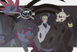  2boys black_jacket blonde_hair blue_hair buttons cane cave_interior cloak coat colress_(pokemon) furrowed_brow ghetsis_(pokemon) gloves green_hair hand_up highres hydreigon jacket male_focus mouth_hold multicolored_hair multiple_boys open_mouth pants pokemon pokemon_(creature) pokemon_black_2_and_white_2 red_eyes sakai_so2 short_hair teeth two-tone_hair upper_teeth_only white_coat 