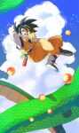  1boy animal ankle_boots aonano_db arm_behind_back armpit_crease backlighting black_eyes black_footwear black_hair blue_sash blue_shirt blue_sky boots closed_mouth clouds cloudy_sky collarbone crossed_ankles cumulonimbus_cloud day dragon dragon_ball dragon_ball_(object) dragon_ball_z dragon_radar eastern_dragon facing_viewer fingernails floating glowing green_scales hair_between_eyes hand_up happy highres holding light_particles looking_at_object looking_down male_focus messy_hair nyoibo obi orange_pants orange_shirt outdoors pants parted_bangs rope sash scales shade shadow shenron_(dragon_ball) shirt sky smile son_goku spiky_hair sunlight tareme undershirt weapon 