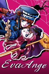  2girls ange_beatrice aunt_and_niece black_gloves black_hat blue_capelet blue_eyes blunt_bangs bow bug capelet chan379 eva_beatrice flower gloves gradient_background hair_flower hair_ornament hat hat_flower highres holding holding_staff looking_at_viewer lying multiple_girls on_back on_person orange_hair pink_background purple_capelet red_bow red_flower red_hair red_rose rose silk smile spider spider_web spoilers staff umineko_no_naku_koro_ni ushiromiya_ange veil 