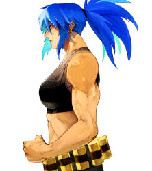  1girl ammunition_belt bare_shoulders belt black_pants black_tank_top blue_eyes blue_hair commentary earrings highres jewelry leona_heidern midriff muscular muscular_female pants ponytail raph_mavrost simple_background solo tank_top the_king_of_fighters the_king_of_fighters_xiii triangle_earrings white_background 