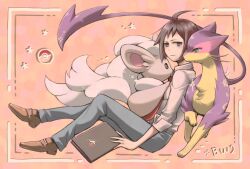  1boy ahoge betty0519 black_hair brown_shoes cheren_(pokemon) cinccino highres liepard male_focus necktie pants poke_ball_symbol pokemon pokemon_(creature) pokemon_black_2_and_white_2 red_necktie shirt shoes simple_background sitting white_shirt 