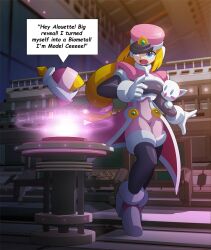  2girls :o absurdres alouette_(mega_man) black_bodysuit blonde_hair blue_eyes bodysuit breasts ciel_(mega_man) coat commentary commission english_commentary english_text full_body gloves hat high-waist_shorts highres long_hair looking_at_another low-tied_long_hair medium_breasts mega_man_(series) mega_man_zero_(series) mega_man_zx meme multiple_girls open_mouth pickle_rick_(meme) pink_coat pink_hat pink_shorts prairie_(mega_man) shako_cap shoes shorts speech_bubble stuffed_animal stuffed_cat stuffed_toy ultimatemaverickx white_gloves white_shoes 