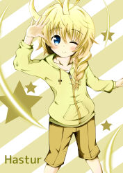  1boy antenna_hair arm_up blonde_hair blue_eyes blush bow braid braided_ponytail brown_shorts character_name closed_mouth commentary_request diagonal-striped_background drawstring feet_out_of_frame hair_between_eyes hair_bow hair_over_shoulder haiyore!_nyaruko-san hastur_(nyaruko-san) highres hood hood_down hoodie koushisong long_hair long_sleeves low-tied_long_hair low_ponytail male_focus one_eye_closed open_hand ponytail shorts sidelocks smile solo split_mouth standing star_(symbol) star_symbol_background striped_background trap yellow_bow yellow_hoodie yellow_theme zipper zipper_pull_tab 