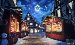  absurdres arzzunat_dumpy blue_sky christmas christmas_lights christmas_ornaments christmas_tree clouds cloudy_sky door food_stand gift hat highres house kiosk market no_humans original outdoors red_hat red_scarf santa_hat scarf scenery sky snow snowman stone_floor tree white_hat window wooden_ceiling wooden_door wooden_wall 