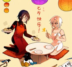 2girls ^_^ android apron ariane_yeong bandaid bandaid_on_cheek bandaid_on_face bandaid_on_nose barcode barcode_tattoo bare_arms bare_shoulders barefoot black_hair chopsticks closed_eyes commentary cushion drawing_(object) dress elster_(signalis) english_commentary eyeshadow food full_body highres holding holding_chopsticks holding_plate lantern makeup meg_u_(meg_u4) multiple_girls open_mouth paper_lantern pastry pencil plate qixi_festival red_apron red_eyes red_eyeshadow seiza short_hair signalis sitting skin_seams sleeveless sleeveless_dress smile stuffed_animal stuffed_bird stuffed_toy tattoo white_dress white_hair yellow_background 