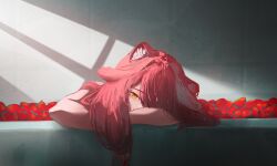  1girl animal_ear_fluff animal_ears commentary english_commentary hair_over_one_eye highres hololive hololive_english in_bathtub indoors long_hair looking_at_viewer multicolored_hair ozasdf panther_ears panther_girl raora_panthera single_hair_streak solo streaked_hair swept_bangs virtual_youtuber white_streaks 
