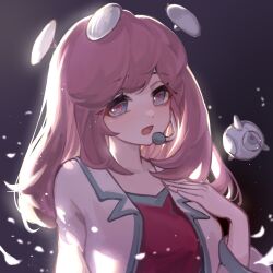  1girl absurdres aqua_eyes aqua_trim aroma_white black_background cytus cytus_ii dress floating_headgear hand_on_own_chest headgear headset highres jacket long_hair long_sleeves open_mouth pink_dress pink_hair pink_pupils tuner-san upper_body white_jacket yiran91881 