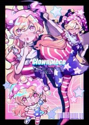  1girl american_flag american_flag_dress american_flag_legwear american_flag_pants american_flag_print american_flag_shirt black_border border chibi clownpiece dot_nose dress fairy_wings flag_print hand_to_own_mouth hat highres holding holding_torch jester_cap looking_up mayw_37 neck_ruff outline pants pantyhose pointy_ears polka_dot polka_dot_headwear print_pants print_shirt shirt star_(symbol) star_print striped_clothes striped_dress striped_pantyhose torch touhou white_outline wings 