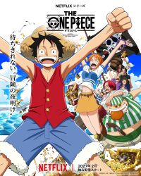  1girl 6+boys animal arms_up bald bandana barrel belt belt_buckle benn_beckman bird black_hair blue_shorts blue_sky boned_meat bonk_punch boots breasts brown_belt brown_boots brown_hair buckle building_snake chest_(furniture) clenched_hands closed_eyes clothes_lift clouds cloudy_sky coin collarbone commentary_request copyright_logo copyright_name copyright_notice cross crown dated fat food fur-trimmed_shorts fur_trim gem glint goggles gold_coin gold_crown grin hat highres hongou_(one_piece) howling_gab jewelry jolly_roger limejuice_(one_piece) logo looking_at_viewer lucky_roux meat medium_breasts midriff miniskirt monkey monkey_d._luffy monster_(one_piece) mouth_hold multiple_boys nami_(one_piece) navel necklace netflix oda_eiichirou official_art one_piece open_mouth orange_hair outdoors promotional_art red_hair red_hair_pirates red_vest scar scar_across_eye scar_on_cheek scar_on_face shanks_(one_piece) shirt shirt_lift short_hair short_sleeves shorts skirt sky smile straw_hat striped_clothes striped_shirt sunglasses sword teeth_hold treasure_chest v-neck vertical-striped_clothes vertical-striped_shirt vest weapon white_shirt yasopp yellow_skirt 
