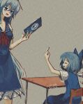 2girls absurdres artist_name blue_bow blue_dress blue_eyes blue_hair book bow chromatic_aberration circled_9 cirno desk dress hair_bow highres holding holding_book ice ice_wings kamishirasawa_keine middle_finger multiple_girls nyztsune school_desk sitting touhou wings 