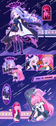  2girls absurdres ahoge armband black_coat blue_archive chibi coat coat_on_shoulders commentary_request demon_girl demon_horns demon_wings full_body gun halo highres hina_(blue_archive) holding holding_gun holding_shield holding_weapon horns hoshino_(blue_archive) kongya long_hair low_wings machine_gun mg42 multiple_girls pink_hair pink_halo red_armband shield shotgun standing train violet_eyes vs weapon white_hair wings 