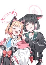  2girls animal_ear_headphones animal_ears black_choker black_hair black_hoodie blonde_hair blue_archive blue_necktie bow cat_ear_headphones cat_ears cat_girl cheek_poking choker closed_eyes colored_inner_animal_ears colored_inner_hair commentary_request extra_ears fake_animal_ears fujiwara_tatsuroo green_sailor_collar hair_bow halo headphones highres hood hoodie jacket kazusa_(blue_archive) momoi_(blue_archive) multicolored_hair multiple_girls necktie open_mouth pink_hair pink_halo poking red_eyes sailor_collar shirt short_hair two-tone_hair upper_body white_background white_jacket white_shirt 