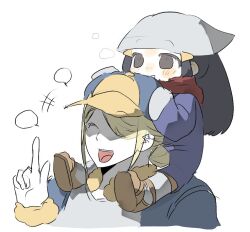 1boy 1girl aged_down akari_(pokemon) ankle_socks asymmetrical_bangs black_hair blonde_hair blue_hat blue_jumpsuit blue_kimono blush blush_stickers breath brown_sandals cap carrying chibi closed_mouth commentary_request cropped_torso dearm0mmy fingernails full_body fur fur-trimmed_collar fur-trimmed_sleeves fur_trim grey_headwear hair_bun hair_over_one_eye hashtag hat headscarf highres index_finger_raised japanese_clothes jumpsuit kimono long_hair long_sleeves newsboy_cap nose open_mouth pale_skin parted_bangs pokemon red_scarf sandals scarf sidelocks simple_background sleeves_past_fingers socks speech_bubble tabard tongue two-tone_hat two-tone_jumpsuit two-tone_kimono upper_body upper_teeth_only volo_(pokemon) white_background white_kimono white_socks white_tabard yellow_hat yellow_jumpsuit
