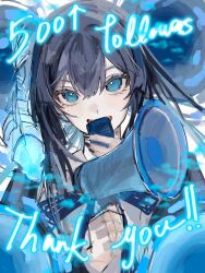  1girl ado_(utaite) black_hair black_nails blue_eyes blue_hair chando_(ado) colored_inner_hair commentary_request fish highres holding holding_megaphone kulatasa long_hair megaphone milestone_celebration mole mole_under_eye multicolored_hair nail_polish solo thank_you utaite 