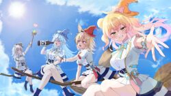  4girls :d ahoge animal_ear_fluff animal_ears back_bow blonde_hair blue_bow blue_hair blue_skirt blue_sky blush boots bow bowtie breasts broom broom_riding closed_eyes clouds commentary_request crossed_legs day double_bun flying fox_ears fox_girl gradient_hair green_eyes grey_hair grin hair_between_eyes hair_bun hair_ornament hat heart heart_ahoge highres holding holding_wand hololive jacket large_breasts layered_skirt lens_flare lion_ears lion_girl long_hair looking_at_viewer mini_hat mini_top_hat miniskirt momosuzu_nene multicolored_hair multiple_girls nepolabo official_alternate_costume omaru_polka open_mouth outdoors outstretched_arm pink_hair pleated_skirt pointy_ears puffy_short_sleeves puffy_sleeves reaching reaching_towards_viewer shirt shishiro_botan short_sleeves sidesaddle sitting skirt sky smile sorara_lala streaked_hair sun teeth tilted_headwear top_hat two-sided_fabric two-sided_skirt underbust violet_eyes virtual_youtuber waist_bow wand white_jacket white_shirt white_skirt witch_hat wrist_cuffs yukihana_lamy 