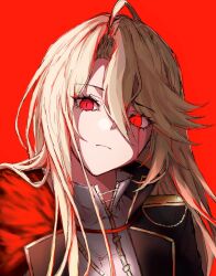  1girl ahoge black_jacket blonde_hair blood blood_from_eyes closed_mouth collared_jacket collared_shirt commentary_request crying crying_with_eyes_open don_quixote_(project_moon) feather_boa hair_between_eyes head_tilt high_collar highres jacket la_manchaland's_don_quixote_(project_moon) la_manchaland_(identity)_(project_moon) light_frown limbus_company long_hair looking_at_viewer open_clothes open_jacket parted_bangs parted_hair portrait project_moon red_background ritaritatter96 sancho_(project_moon) shirt shoulder_boards simple_background solo streaming_tears tears tears_from_one_eye white_shirt 