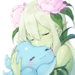  1girl bare_shoulders blush closed_eyes closed_mouth colored_skin commentary cuddling cuddly_octopus english_commentary fairy flower green_hair green_skin hair_flower hair_ornament highres hug leaf long_hair mei_(ponponmei) monster_girl nuzzle octopus plant plant_girl pointy_ears simple_background smile tentacles white_background 