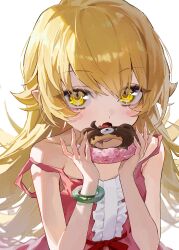  1girl absurdres bakemonogatari blonde_hair blush commentary_request doughnut dress fang food hair_between_eyes highres holding holding_food long_hair looking_at_viewer monogatari_(series) nuru_(nuruffle_0720) open_mouth oshino_shinobu pink_dress pointy_ears sleeveless sleeveless_dress solo very_long_hair yellow_eyes 