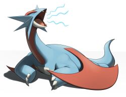 blue_skin claws closed_eyes colored_skin commentary_request dragon fangs highres kihada_magulo no_humans open_mouth pokemon pokemon_(creature) pokemon_focus red_wings salamence solo tail white_background wings yawning 