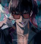  1boy black_hair black_jacket black_shirt blue_background candy cigarette collared_shirt food glasses hand_up holding holding_cigarette jacket lollipop looking_at_viewer male_focus nicholas_d._wolfwood open_mouth partially_unbuttoned shirt short_hair smile smoke solo trigun trigun_stampede tte_(t_ombi) upper_body 