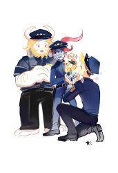  1girl 2boys asgore_dreemurr beard black_pants blonde_hair blue_hat blue_pants blue_shirt blue_skin chief_undyne collared_shirt colored_sclera colored_skin commentary deltarune english_commentary english_text facial_hair fins fish_girl flower flowery_(deltarune) furry furry_female furry_male goat_boy goat_horns hat head_fins highres horns multiple_boys on_one_knee pants police police_uniform policewoman ponytail qqq1_1ooo red_hair shirt sparkle undyne utdr_(toby_fox) white_horns yellow_flower yellow_sclera 