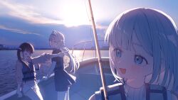  051_ogoli 3girls :d absurdres black_shirt black_shorts black_skirt blue_eyes boat brown_hair clouds cloudy_sky commentary day dolphin_shorts fishing_rod from_side ginjo_saine hair_bun highres jacket kaga_nazuna kaga_sumire life_vest long_hair long_sleeves mole mole_under_eye multiple_girls ocean official_alternate_costume official_art on_boat one_eye_closed outdoors photo_background pink_jacket second-party_source shirt short_hair shorts shorts_under_skirt silver_hairband skirt sky smile twintails v virtual_youtuber vspo! watercraft white_hair white_shorts yellow_eyes youtube_video_thumbnail 
