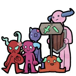  anger_vein blank_eyes blue_skin chinese_commentary clenched_hand colored_skin commentary_request fat_gremlin_(slay_the_spire) frown gremlin_wizard_(slay_the_spire) halftone highres holding holding_shield horns mad_gremlin_(slay_the_spire) open_mouth orange_skin pink_skin red_skin shield shield_gremlin_(slay_the_spire) simple_background slay_the_spire smile sneaky_gremlin_(slay_the_spire) standing tears white_background whitose x_navel x_nipples 