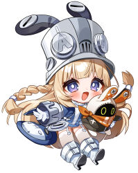  1girl 1other bangboo_(zenless_zone_zero) blonde_hair blue_jacket blush chibi eous_(zenless_zone_zero) full_body garter_straps gloves grey_hat grey_helmet hat helmet highres jacket large_hat long_hair looking_at_viewer meda_cha norma_hollowell open_mouth shako_cap simple_background thigh-highs very_long_hair violet_eyes white_background white_garter_straps white_gloves white_thighhighs zenless_zone_zero 