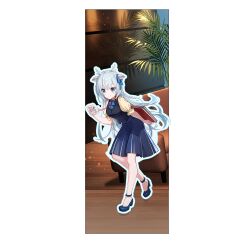  1girl aliasing animal_ears antler_ring antlers artist_request black_vest blue_bow blue_bowtie blue_outline blue_ribbon blue_shoes blue_skirt book bow bowtie commentary copyright_name couch deer_antlers deer_ears deer_girl english_commentary hair_ribbon hakushika_iori holding holding_behind_back holding_book horns id_card indoors lanyard medium_skirt merchandise_available office office_lady official_art outline phase_connect plant pleated_skirt puffy_short_sleeves puffy_sleeves ribbon shirt shoes short_sleeves simple_background skirt solo standing vest white_background white_hair white_horns wooden_floor yellow_shirt 