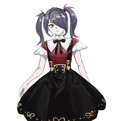  1girl ame-chan_(needy_girl_overdose) black_eyes black_hair black_ribbon black_skirt bubble_skirt buckle chinese_commentary commentary expressionless fangz_onf gold_trim hair_ornament hair_over_one_eye hair_tie heart heart-shaped_buckle medium_hair neck_ribbon needy_girl_overdose puritan_collar red_nails red_shirt ribbon shirt short_sleeves short_twintails simple_background skirt solo suspender_skirt suspenders twintails white_background wing-shaped_sleeves x_hair_ornament 