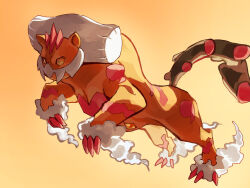  claws colored_skin commentary_request fangs fusenryo landorus landorus_(therian) no_humans one-hour_drawing_challenge orange_skin pokemon pokemon_(creature) pokemon_focus simple_background solo tail tiger yellow_eyes 