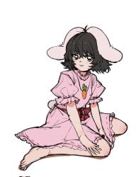  1girl ahoge animal_ears barefoot black_hair bow brown_eyes carrot_necklace commentary_request dress floppy_ears frilled_dress frilled_sleeves frills full_body highres inaba_tewi jewelry looking_at_viewer necklace nio_(meple_nio) parted_lips pink_dress puffy_short_sleeves puffy_sleeves rabbit_ears rabbit_girl rabbit_tail red_bow ribbon-trimmed_dress ribbon_trim short_hair short_sleeves simple_background sitting smile solo tail touhou waist_bow wariza white_background 
