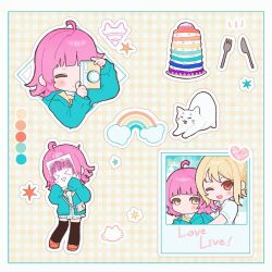  >_< 2girls :d ;d ahoge black_thighhighs blonde_hair blush border camera cat character_logo closed_eyes collared_shirt color_guide deformed expressionless fork gingham_background haru_(whzlfikswjhmbkm) heart highres holding holding_camera kishimen_hair looking_at_viewer love_live! love_live!_nijigasaki_high_school_idol_club medium_hair miyashita_ai multiple_girls multiple_views neck_ribbon nijigasaki_school_uniform notice_lines one_eye_closed open_mouth orange_eyes photo_(object) pink_hair pink_ribbon rainbow_cake rainbow_sticker ribbon rina-chan_board school_uniform shirt six_pointed_star smile star_(symbol) summer_uniform table_knife taking_picture tennoji_rina thigh-highs white_border white_cat white_shirt xd yellow_background yellow_eyes yellow_ribbon 