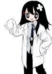  1girl absurdres bandaid bandaid_on_head black_eyes black_hair black_necktie black_pants breast_pocket bright_pupils cardiogram collared_shirt commentary_request crossed_bandaids feet_out_of_frame grey_shirt hair_ornament hand_on_own_hip hand_up highres id_card lab_coat lanyard light_blush long_hair looking_at_viewer necktie off_shoulder open_labcoat open_mouth original pants pen_in_pocket pocket shii595 shirt simple_background sleeves_past_fingers sleeves_past_wrists smile solo v-shaped_eyebrows walking white_background white_pupils 