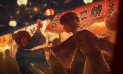  2girls :d absurdres aircraft arm_up backlighting blue_eyes blue_kimono chiyoda_momo commentary_request cotton_candy cup demon_girl excited festival fireworks food hair_ornament happy highres holding holding_cotton_candy holding_cup holding_food holding_hands horns hot_air_balloon japanese_clothes kimono long_hair looking_at_another machikado_mazoku mayoo03 multiple_girls night outdoors pink_hair pink_kimono ponytail red_hair sidelocks smile yoshida_yuuko yukata yuri 
